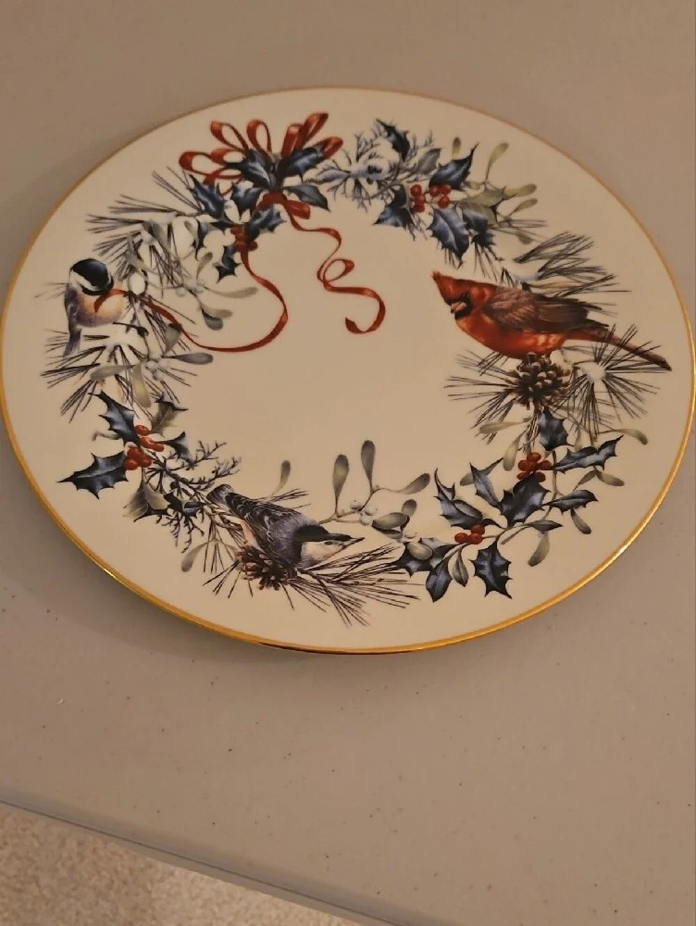 Lenox Holiday Plate with Blue Wreath and Red Cardinal
